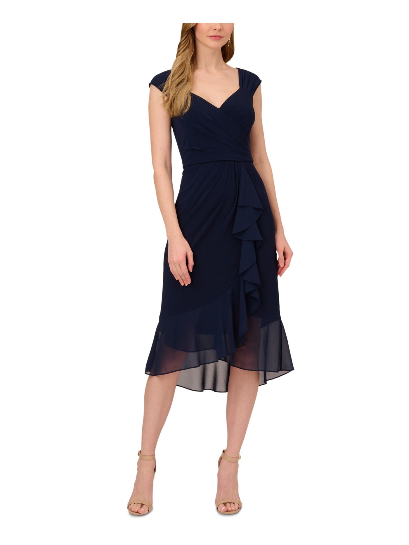 ADRIANNA PAPELL Womens Navy Pleated Zippered Cascading Ruffle Hi-lo Hem Lined Cap Sleeve Sweetheart Neckline Midi Wear To Work Sheath Dress 18