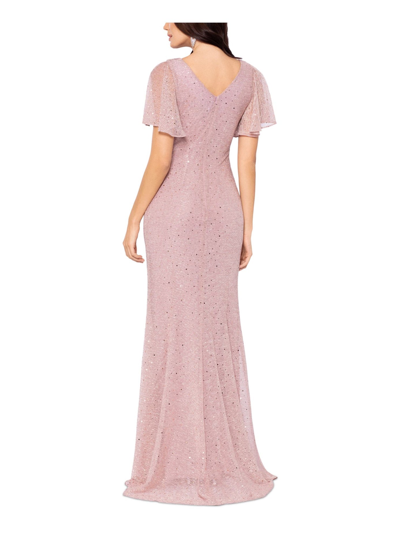 BETSY & ADAM Womens Pink Sequined Zippered Pleated Lined Flutter Sleeve Cowl Neck Full-Length Formal Gown Dress 6