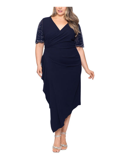 BETSY & ADAM Womens Navy Embellished Zippered Ruched Front Asymmetrical Hem Flutter Sleeve Surplice Neckline Tea-Length Cocktail Sheath Dress Plus 14W