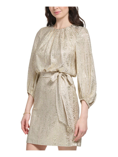 VINCE CAMUTO Womens Beige Pleated Zippered Tie-belt Lined 3/4 Sleeve Round Neck Short Cocktail Blouson Dress Petites 2P