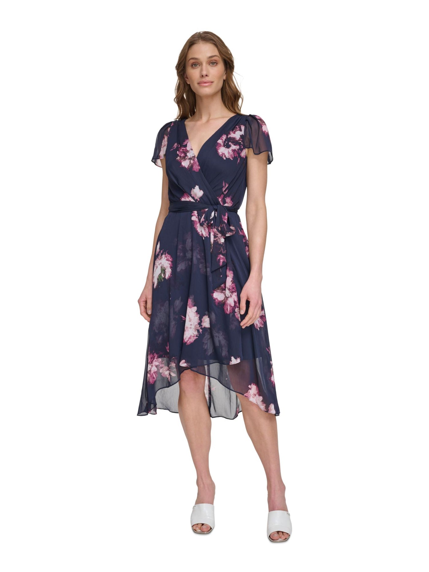 DKNY Womens Navy Zippered Lined Waist Tie Floral Flutter Sleeve Surplice Neckline Midi Wear To Work Faux Wrap Dress Petites 4P