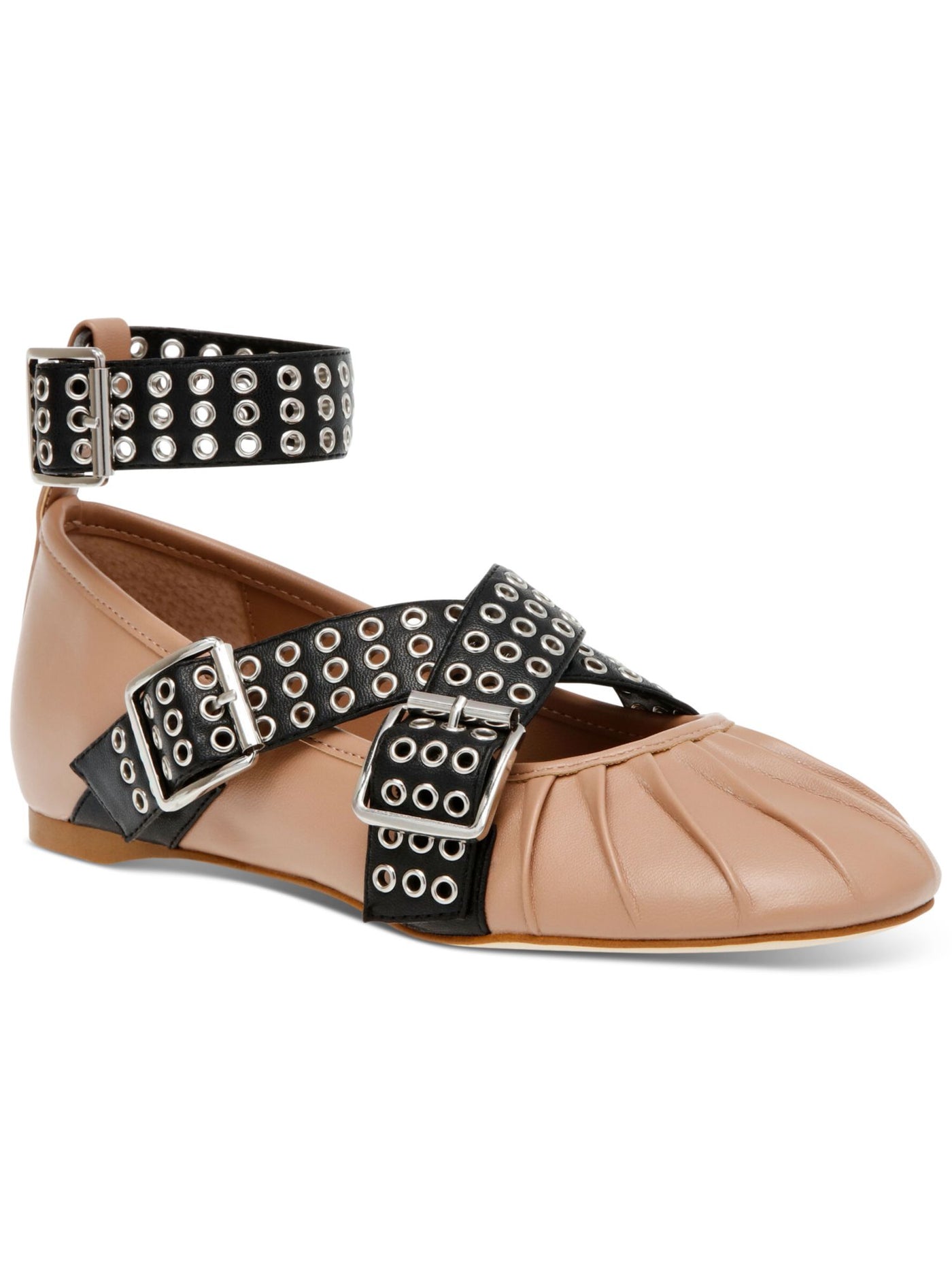 STEVE MADDEN Womens Beige Color Block Grommet Hardware Straps Pleated Cushioned Bryar Round Toe Buckle Ballet Flats 8.5 M