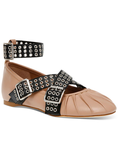 STEVE MADDEN Womens Beige Color Block Grommet Hardware Straps Pleated Cushioned Bryar Round Toe Buckle Ballet Flats 8.5 M