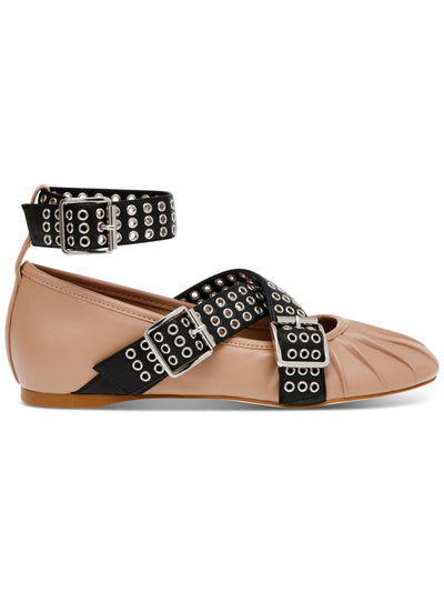 STEVE MADDEN Womens Beige Color Block Grommet Hardware Straps Pleated Cushioned Bryar Round Toe Buckle Ballet Flats 8.5 M