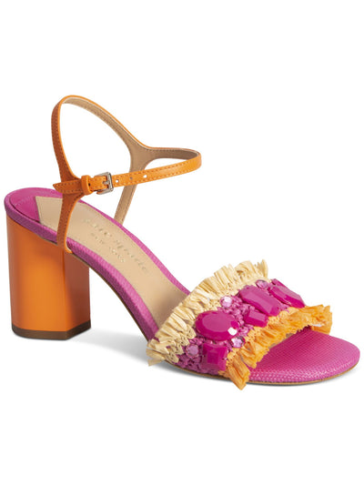 KATE SPADE NEW YORK Womens Pink Mixed Media Rafta Fringe Embelished Padded Bora Bora Square Toe Sculpted Heel Buckle Dress Heeled Sandal 6.5 B