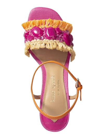 KATE SPADE NEW YORK Womens Pink Mixed Media Rafta Fringe Embelished Padded Bora Bora Square Toe Sculpted Heel Buckle Dress Heeled Sandal 6.5 B