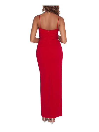 XSCAPE Womens Red Ruched Zippered Ruffled Slitted Lined Spaghetti Strap V Neck Full-Length Formal Gown Dress Petites 2P