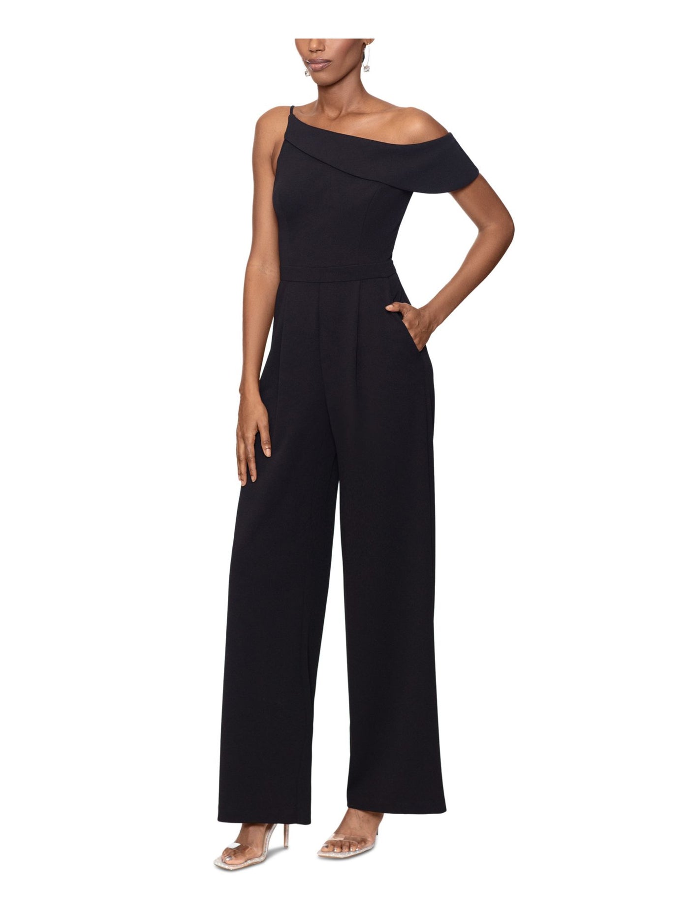 XSCAPE Womens Black Zippered Pocketed Flutter Sleeve Asymmetrical Neckline Party Straight leg Jumpsuit 8