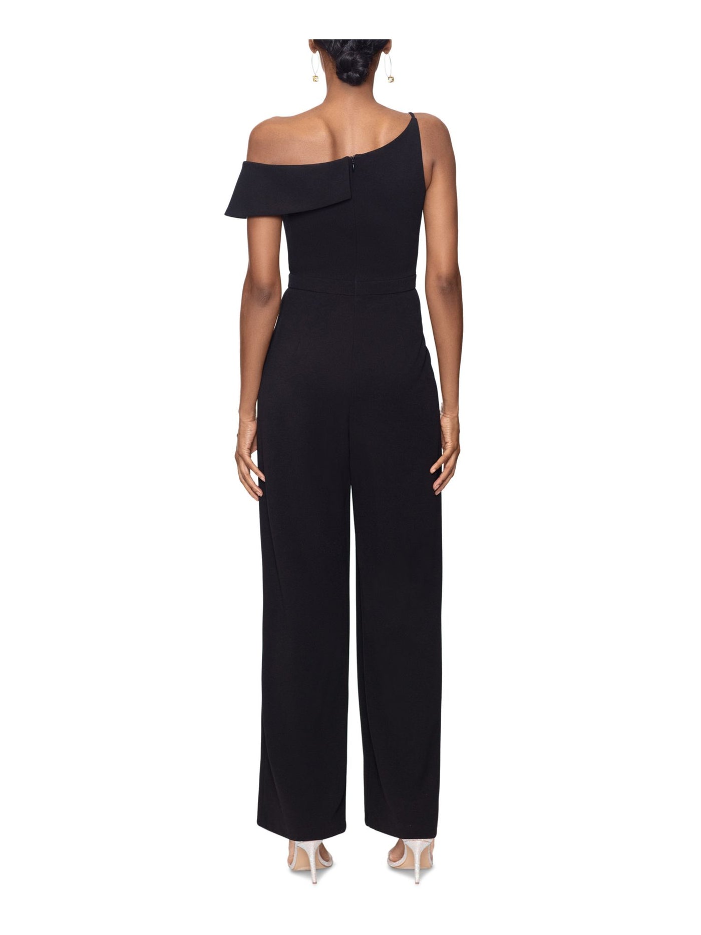 XSCAPE Womens Black Zippered Pocketed Flutter Sleeve Asymmetrical Neckline Party Straight leg Jumpsuit 16