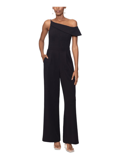 XSCAPE Womens Black Zippered Pocketed Flutter Sleeve Asymmetrical Neckline Party Straight leg Jumpsuit 6