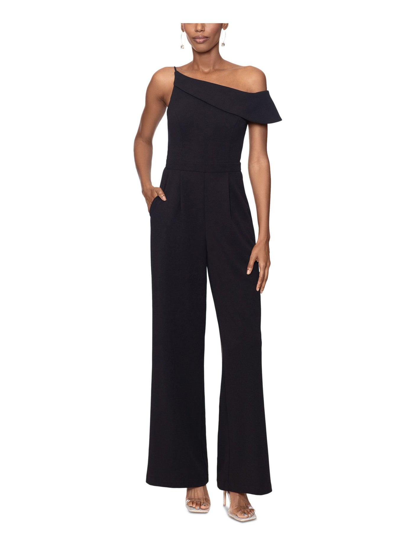 XSCAPE Womens Black Zippered Pocketed Flutter Sleeve Asymmetrical Neckline Party Straight leg Jumpsuit 16