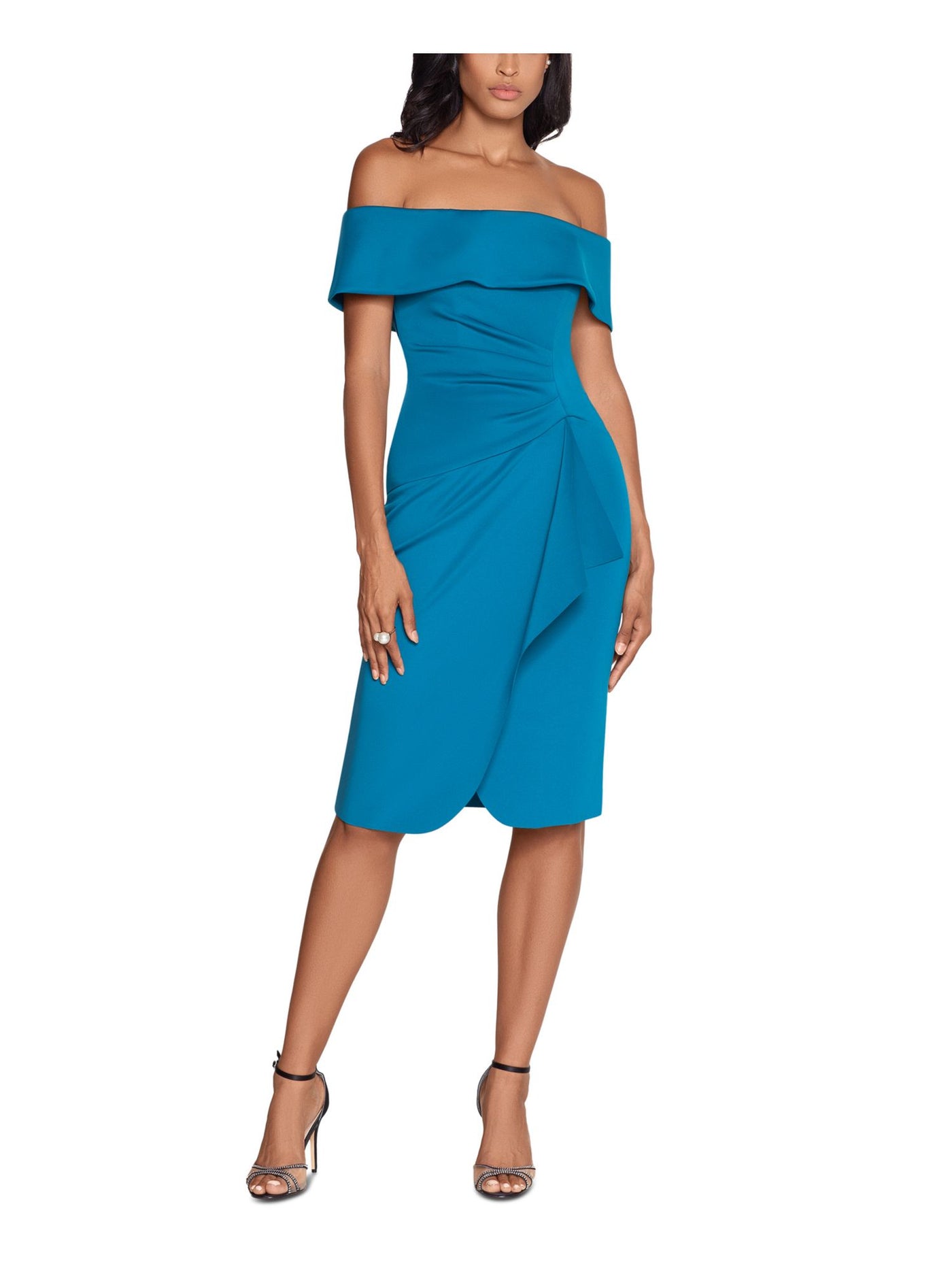 XSCAPE Womens Teal Zippered Lined Gathered Side Waist Draped Skirt Short Sleeve Off Shoulder Midi Cocktail Sheath Dress 16