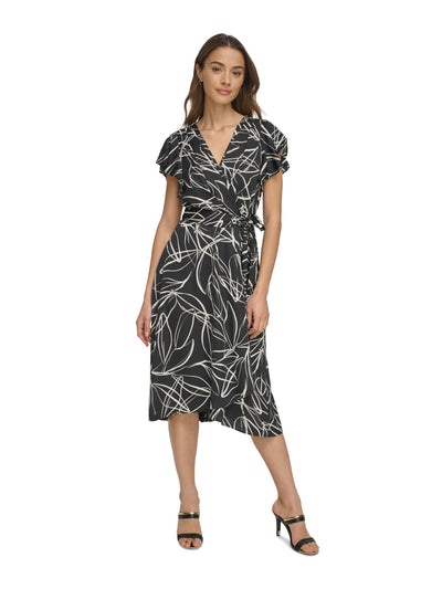 DKNY Womens Black Pleated Zippered Self-tie Belt Lined Printed Flutter Sleeve Surplice Neckline Midi Wear To Work Faux Wrap Dress 4