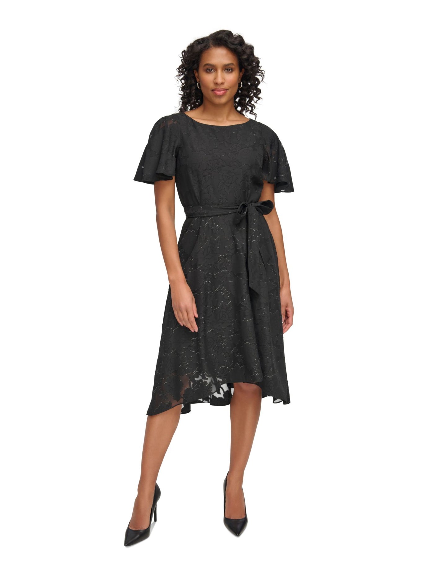 DKNY Womens Black Zippered Lined Self-tie Belt Hi-lo Hem Flutter Sleeve Round Neck Midi Wear To Work Fit + Flare Dress 16