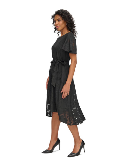 DKNY Womens Black Zippered Lined Self-tie Belt Hi-lo Hem Flutter Sleeve Round Neck Midi Wear To Work Fit + Flare Dress 16