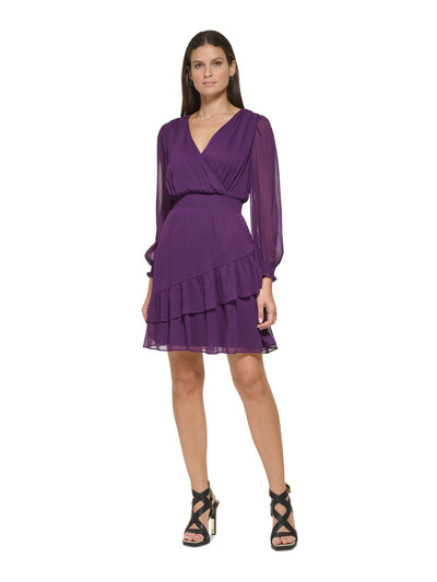 DKNY Womens Purple Smocked Zippered Asymmetrical Ruffle Lined Long Sleeve Surplice Neckline Above The Knee Party Fit + Flare Dress 14