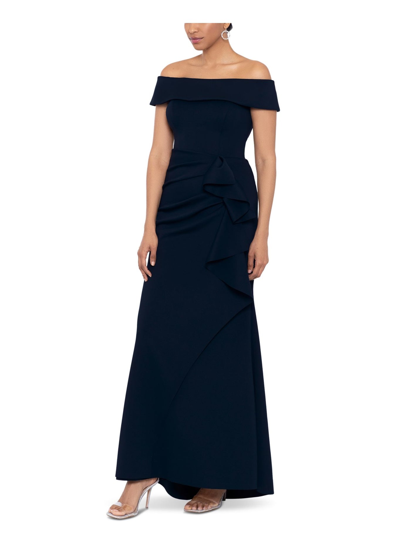 XSCAPE Womens Navy Zippered Ruffled Lined Faux Wrap Short Sleeve Off Shoulder Full-Length Evening Gown Dress 10