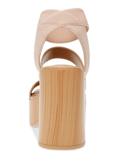 WILD PAIR Womens Beige Knit 1-1/2" Wood-Grain Platform Elastic Ankle Strap Cushioned Strappy Breathable Scarlitt Square Toe Block Heel Slip On Dress Heeled Sandal 9.5 M