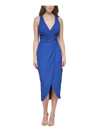 GUESS Womens Blue Lined Gathered O-ring Tulip Hem Sleeveless Surplice Neckline Tea-Length Cocktail Sheath Dress 6