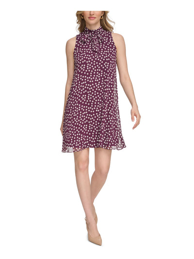 CALVIN KLEIN Womens Purple Zippered Lined Tie Closure Polka Dot Sleeveless Mock Neck Short Party Shift Dress 4