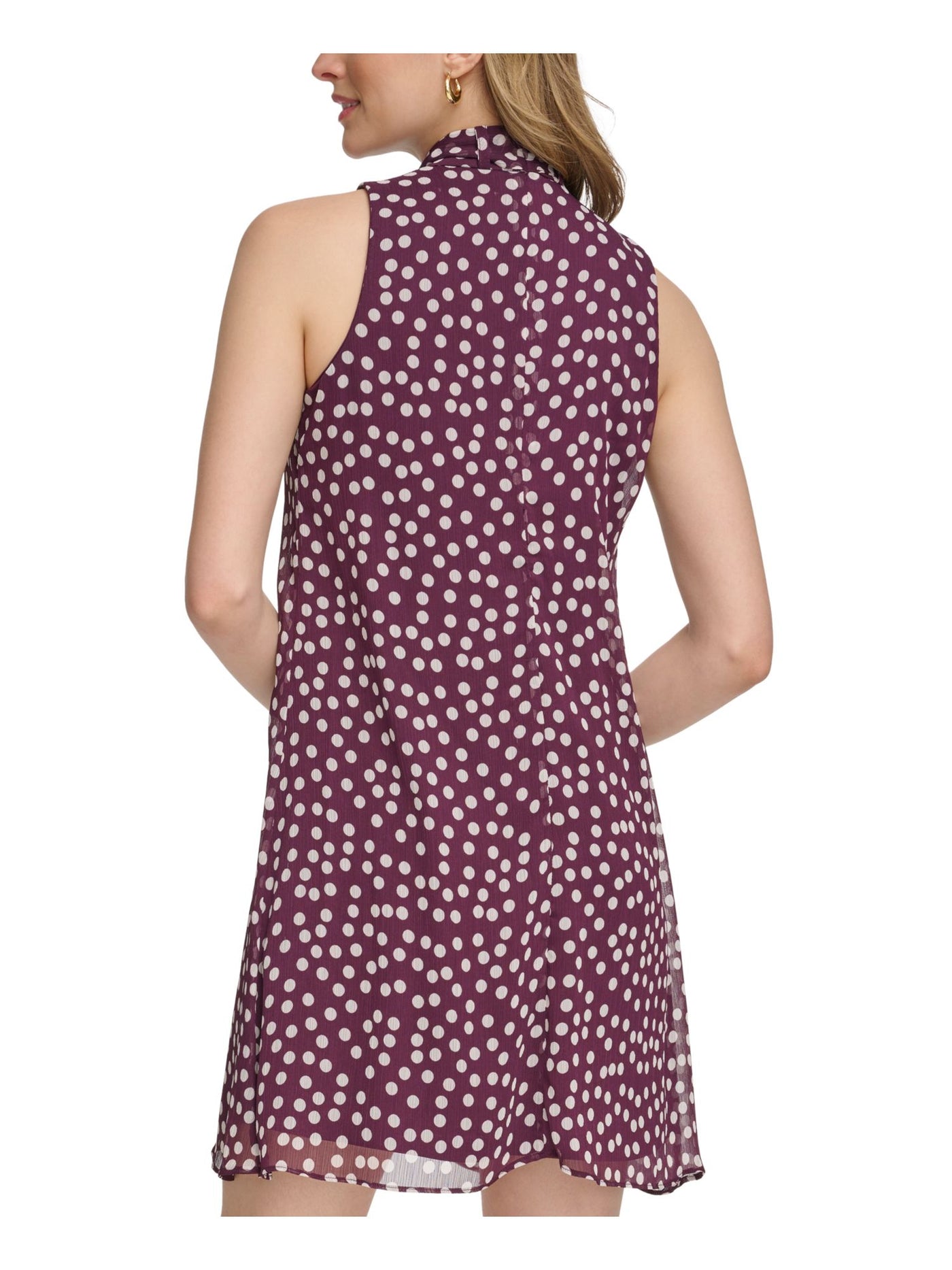 CALVIN KLEIN Womens Purple Zippered Lined Tie Closure Polka Dot Sleeveless Mock Neck Short Party Shift Dress 4