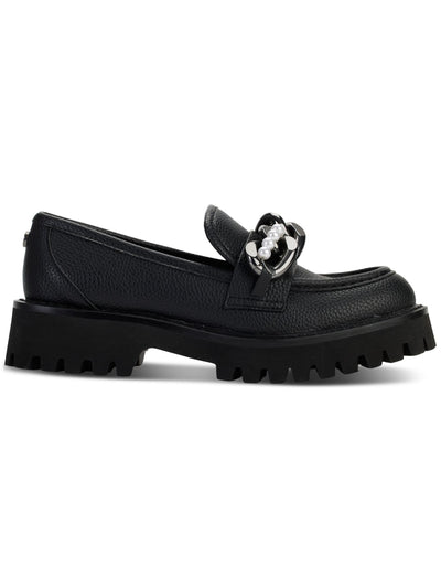 KARL LAGERFELD PARIS Womens Black 1" Platform Beaded Chain Accent Lug Sole Padded Gemsy Almond Toe Slip On Leather Dress Loafers Shoes 5 M