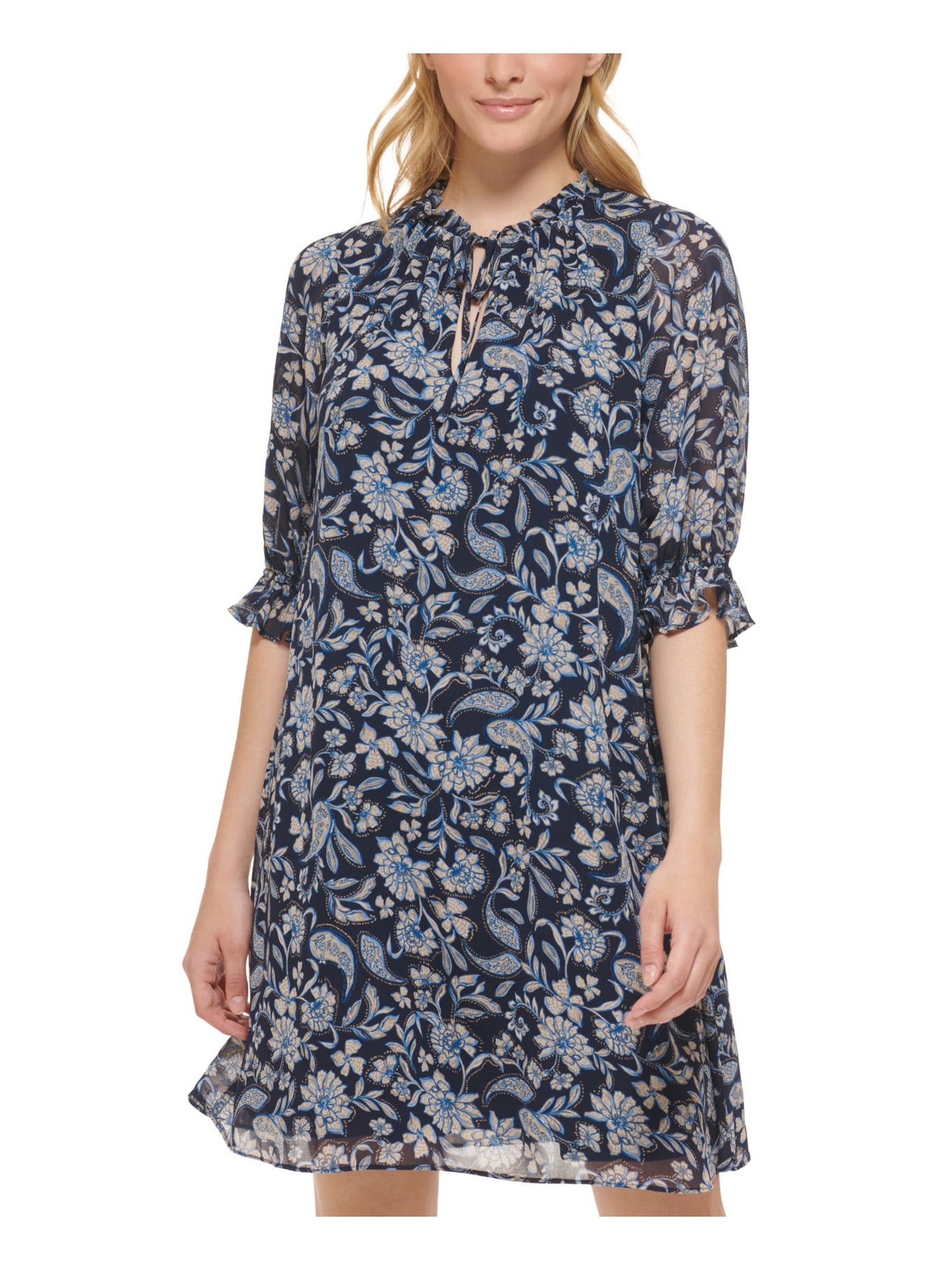 JESSICA HOWARD Womens Navy Ruffled Lined Pullover Paisley 3/4 Sleeve Keyhole Above The Knee Shift Dress 16