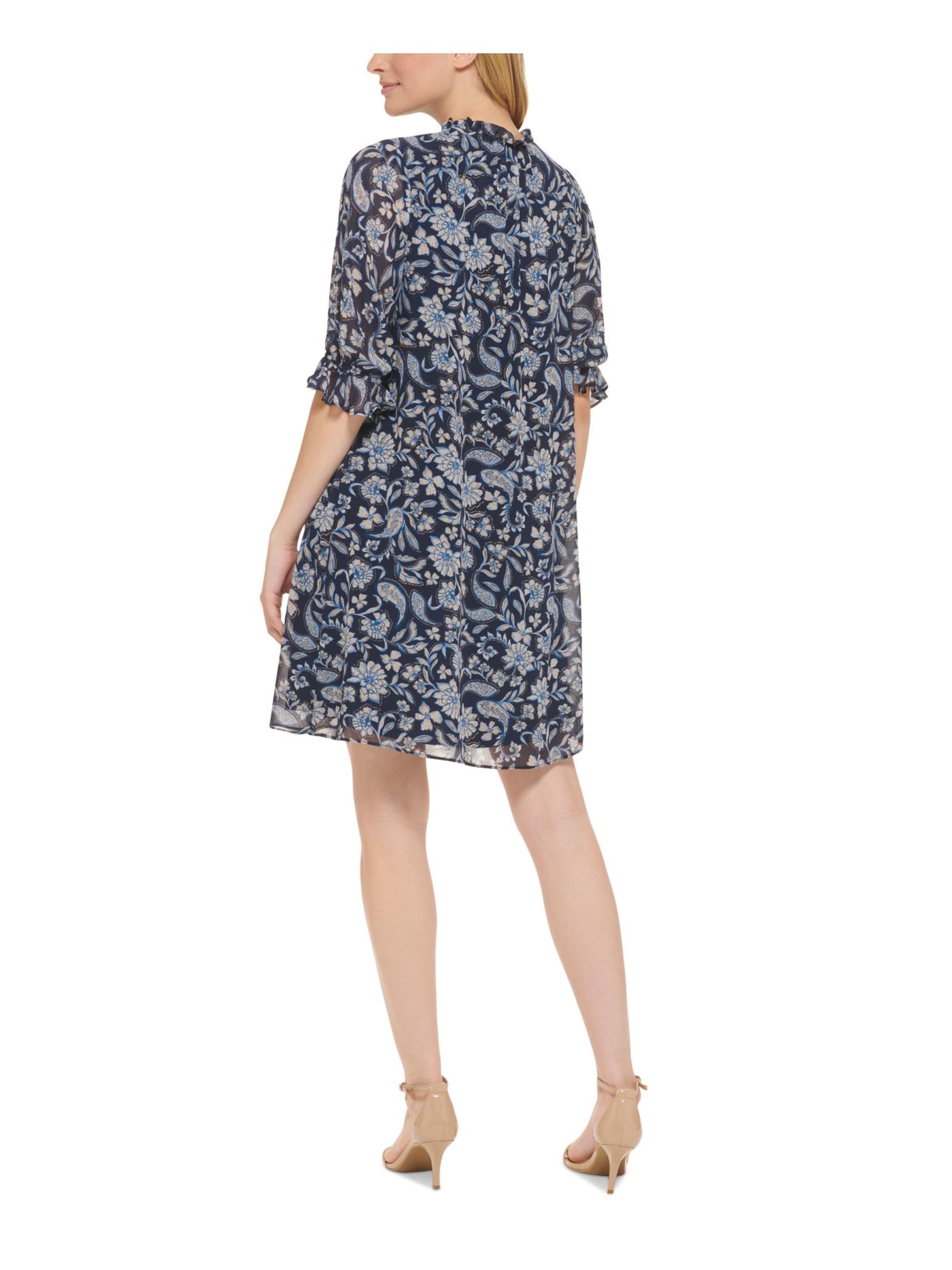 JESSICA HOWARD Womens Navy Ruffled Lined Pullover Paisley 3/4 Sleeve Keyhole Above The Knee Shift Dress 16