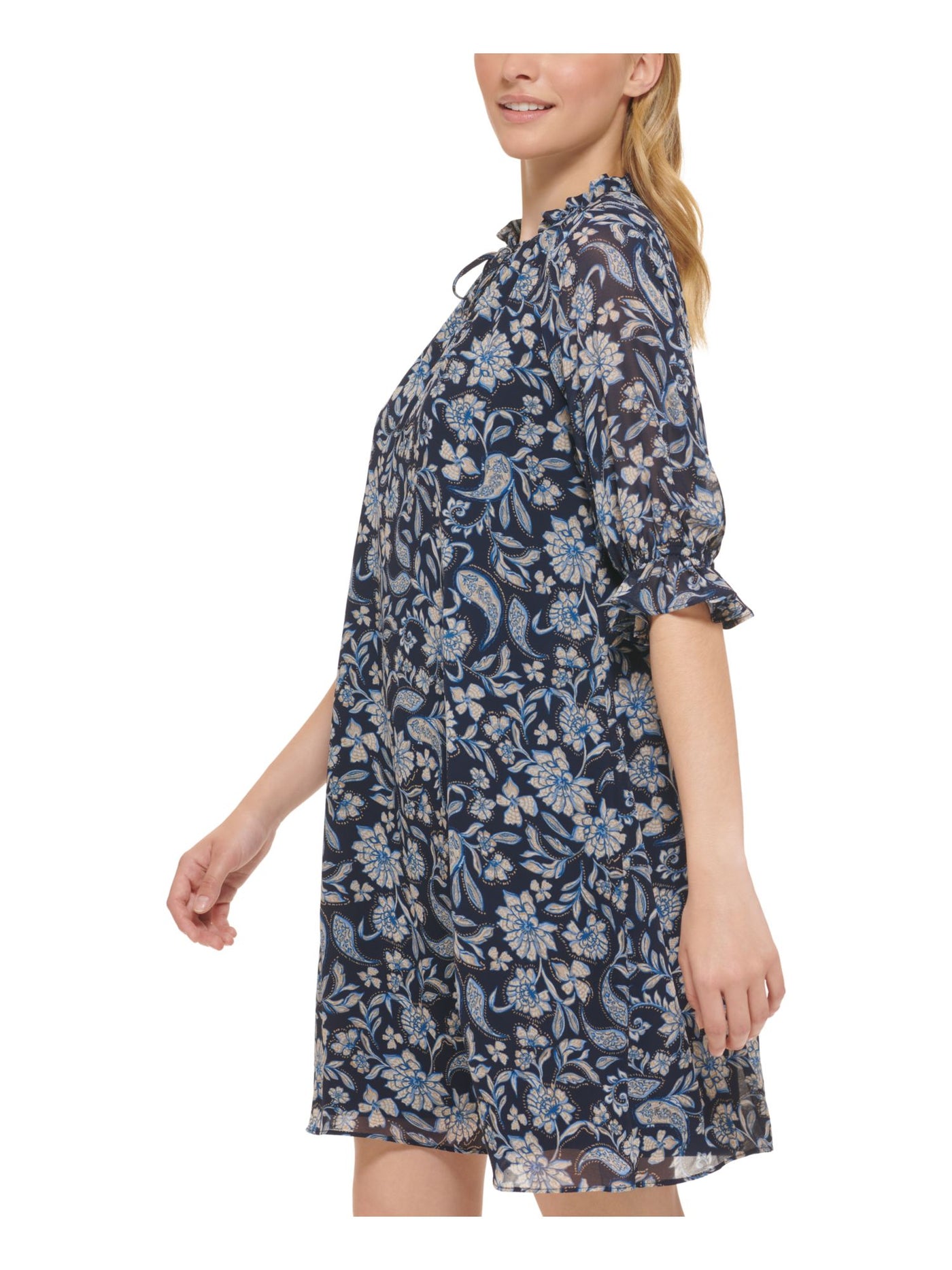 JESSICA HOWARD Womens Navy Ruffled Lined Pullover Paisley 3/4 Sleeve Keyhole Above The Knee Shift Dress 16