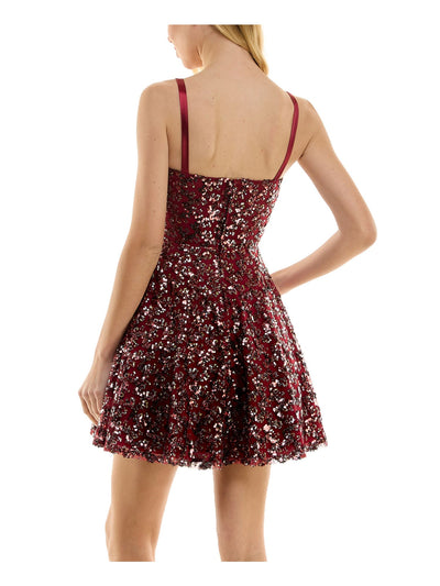 CITY STUDIO Womens Burgundy Sequined Zippered Lined Sleeveless Square Neck Short Party Fit + Flare Dress 0