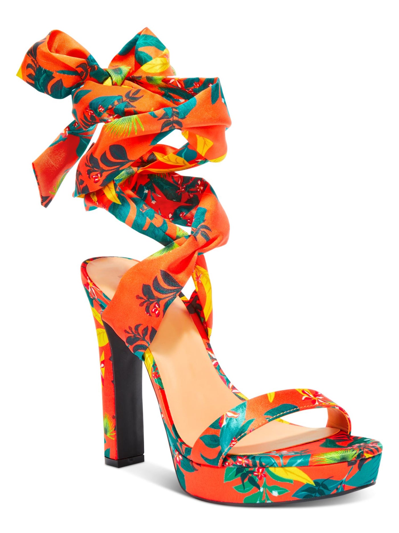 INC Womens Orange Floral 1" Platform Ankle Strap Padded Noyar Round Toe Block Heel Lace-Up Heeled Sandal 6.5 M