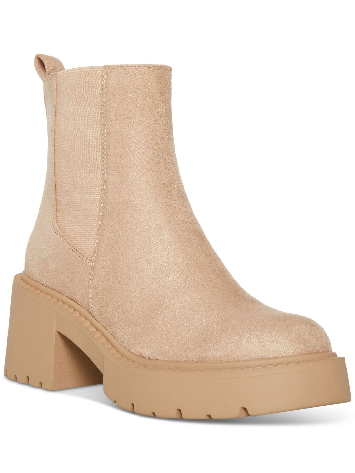 MADDEN GIRL Womens Beige 1-1/2" Platform Heel Pull-Tab Goring Lug Sole Padded Trust Round Toe Chelsea Boot 8.5 M