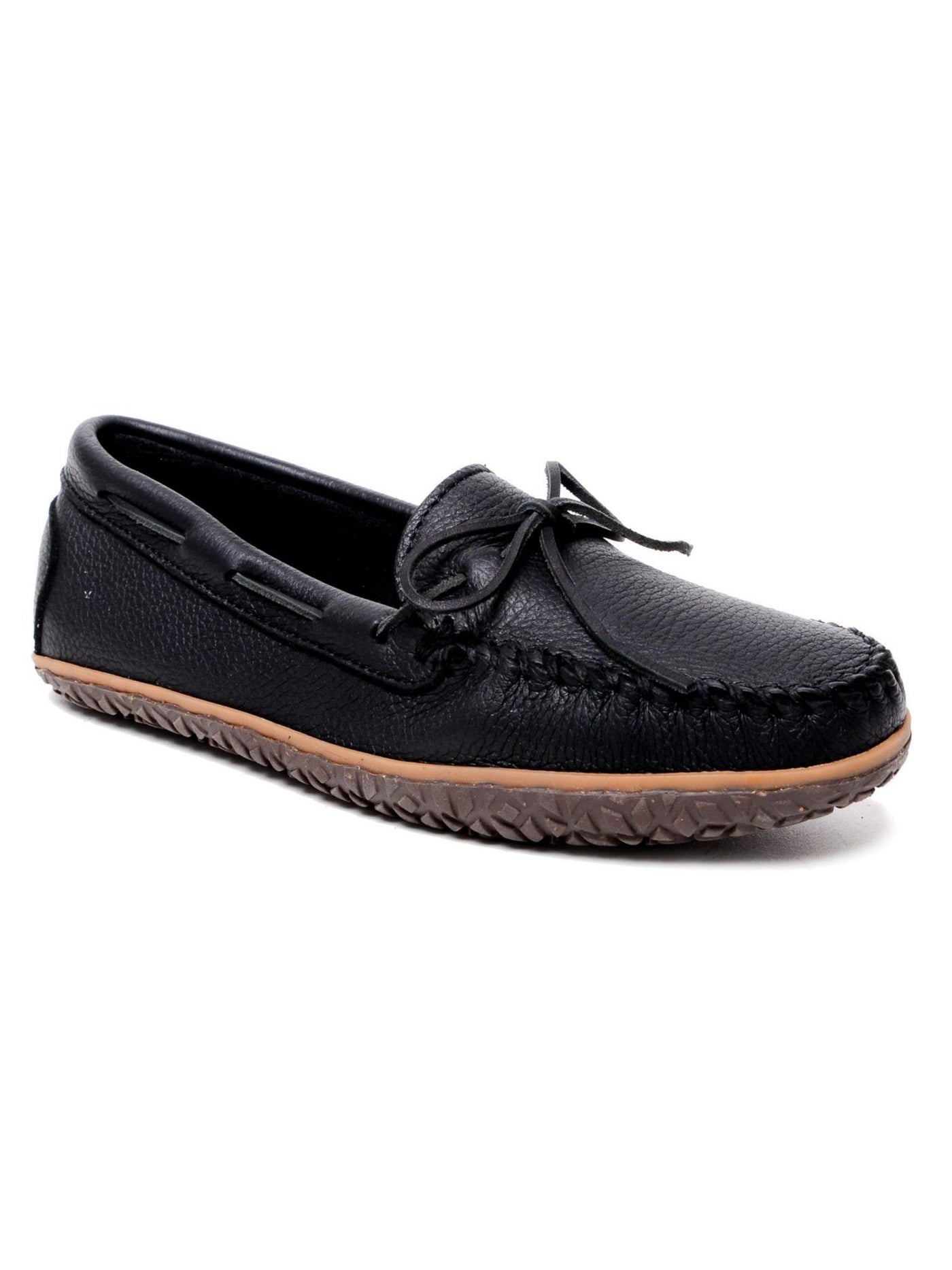 MINNETONKA Mens Black Textured Padded Bow Accent Water Resistant Moosehide Round Toe Slip On Leather Flats Shoes 8