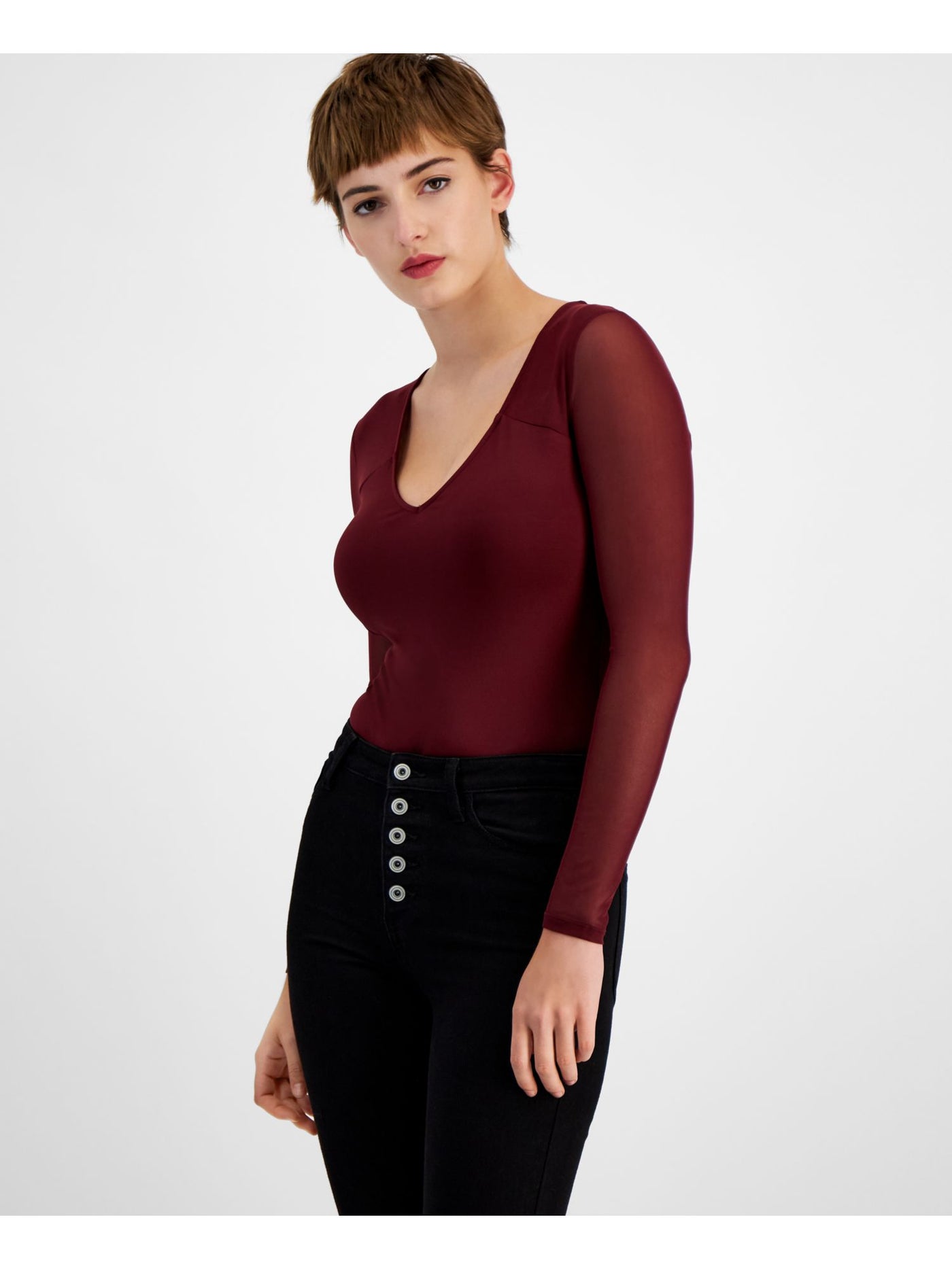 BAR III Womens Maroon Stretch Long Sleeve V Neck Top Petites PL