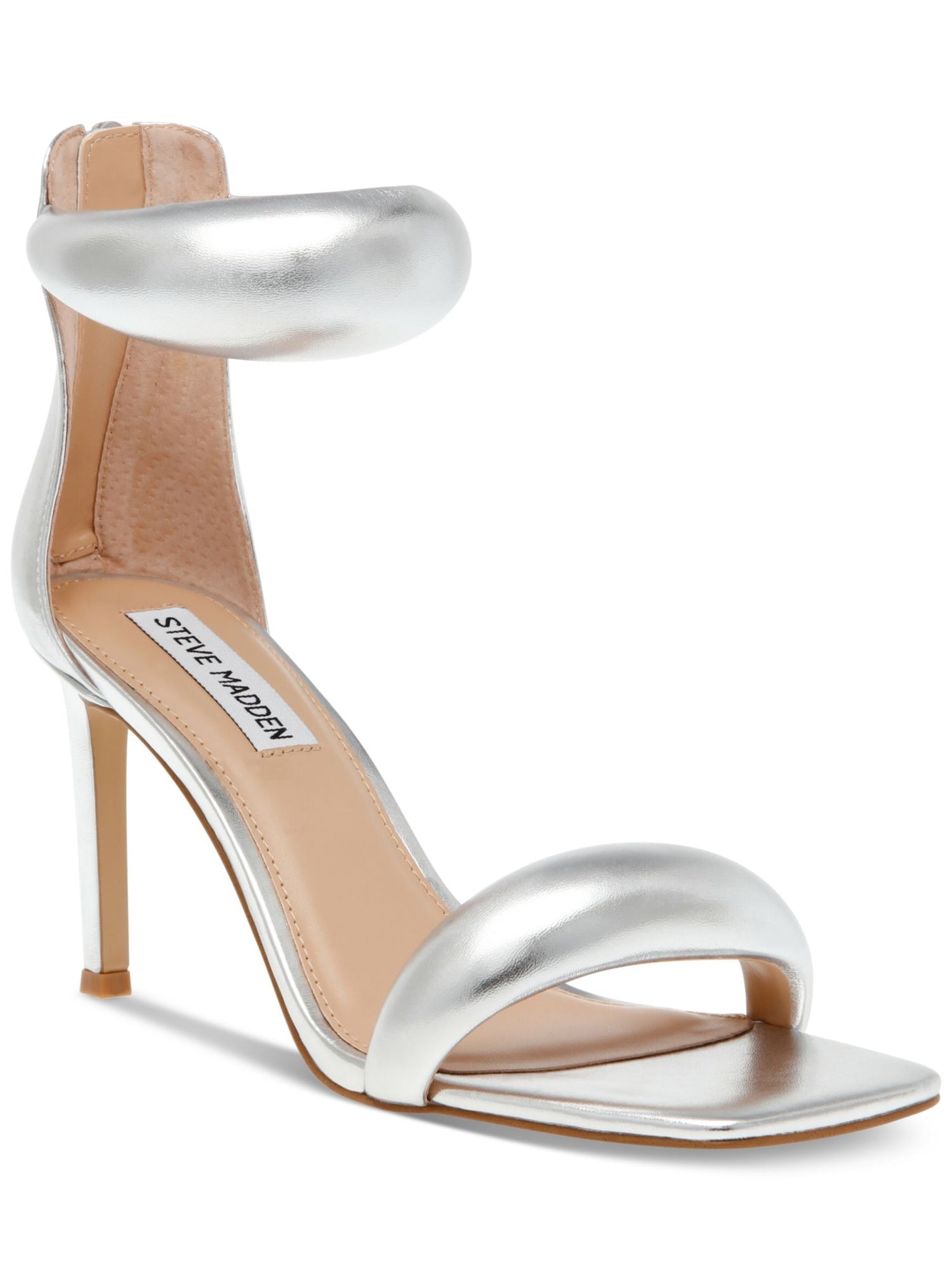 STEVE MADDEN Womens Silver Bubble Straps Ankle Strap Padded Partay Square Toe Stiletto Zip-Up Dress Heeled Sandal 5.5 M