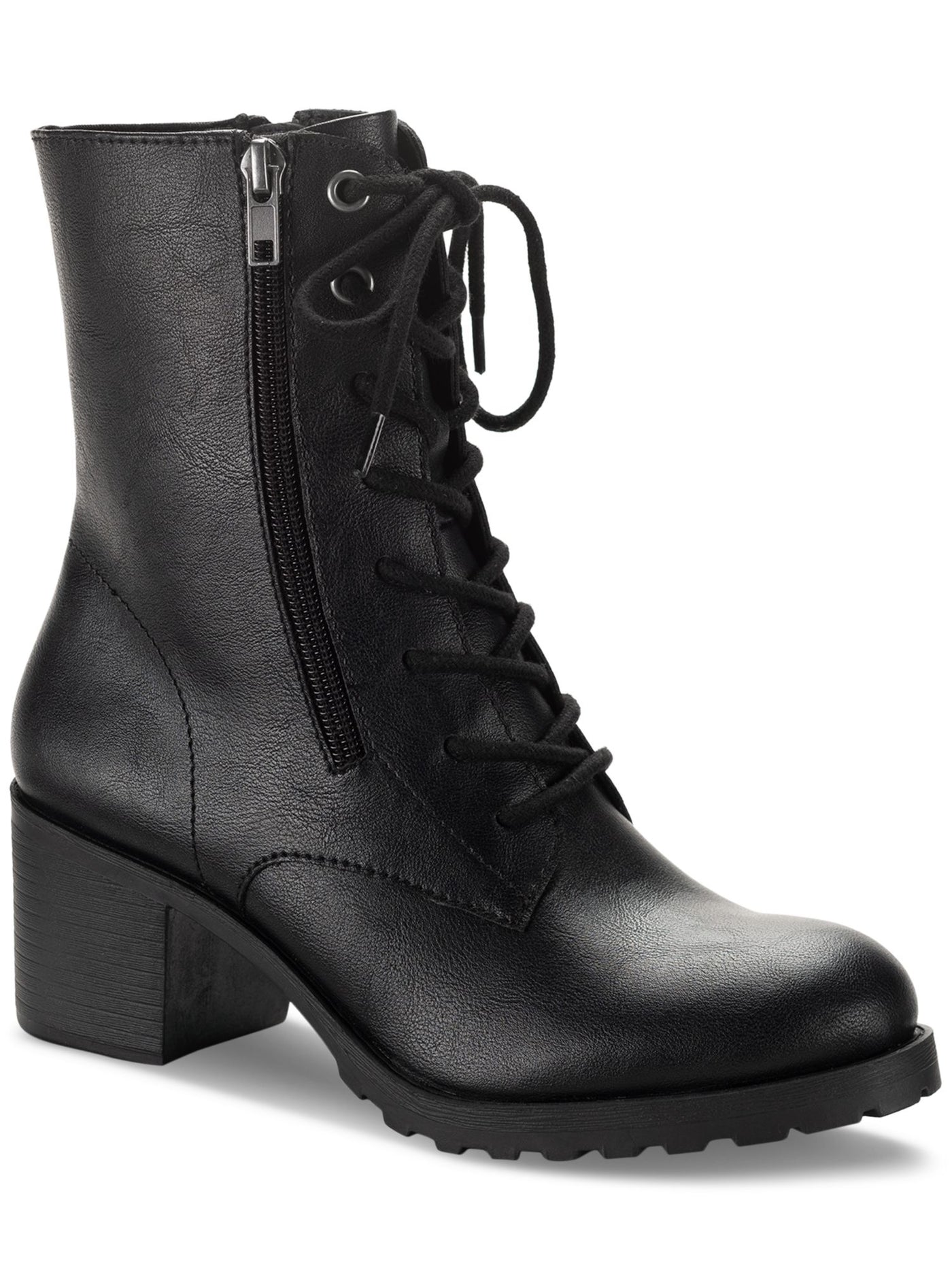 SUN STONE Womens Black Lace Up Zipper Accent Padded Lug Sole Treaded Sheilaa Round Toe Block Heel Zip-Up Combat Boots 5.5 M