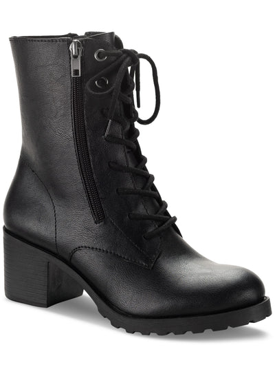 SUN STONE Womens Black Lace Up Zipper Accent Padded Lug Sole Treaded Sheilaa Round Toe Block Heel Zip-Up Combat Boots 5.5 M