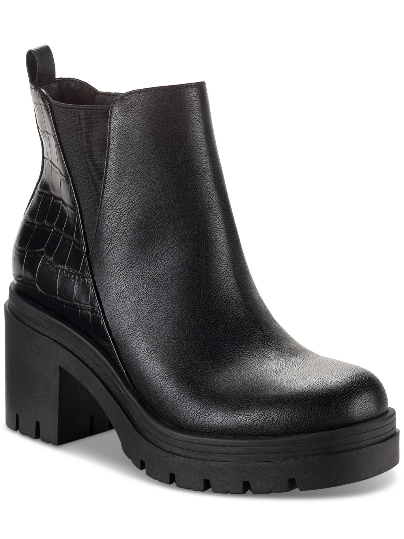 SUN STONE Womens Black Mixed Media 1" Platform Treaded Heel Pull-Tab Croc Lug Sole Goring Veronikaa Round Toe Zip-Up Chelsea Boot 10 M