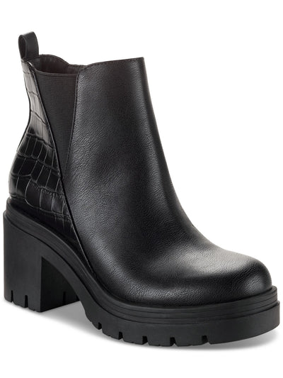 SUN STONE Womens Black Mixed Media 1" Platform Treaded Heel Pull-Tab Croc Lug Sole Goring Veronikaa Round Toe Zip-Up Chelsea Boot 7 M