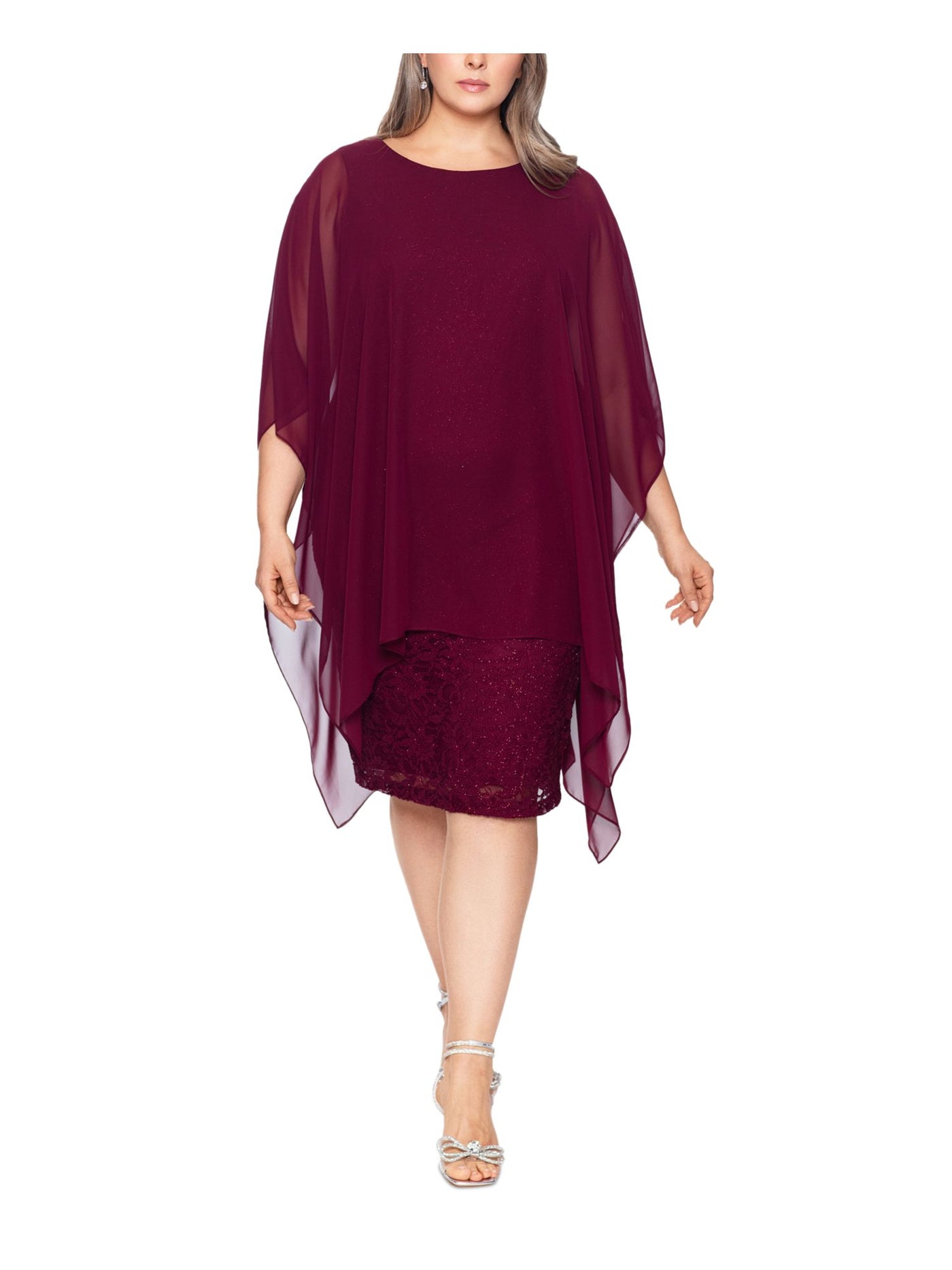 BETSY & ADAM Womens Burgundy Zippered Lined Sheer Overlay Back Slit Flutter Sleeve Round Neck Below The Knee Party Sheath Dress Plus 16W