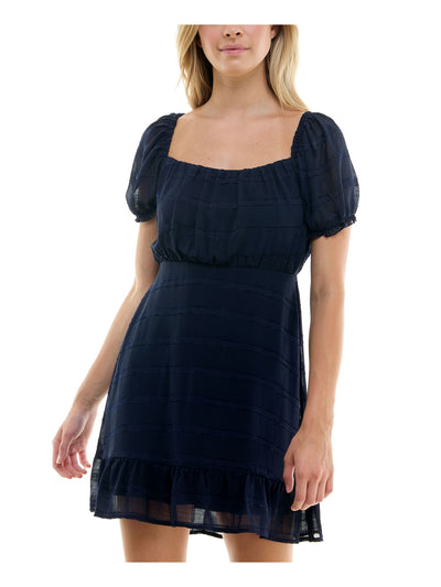 SPEECHLESS Womens Navy Lined Tie Back Flounce Hem Pouf Sleeve Square Neck Short Fit + Flare Dress S