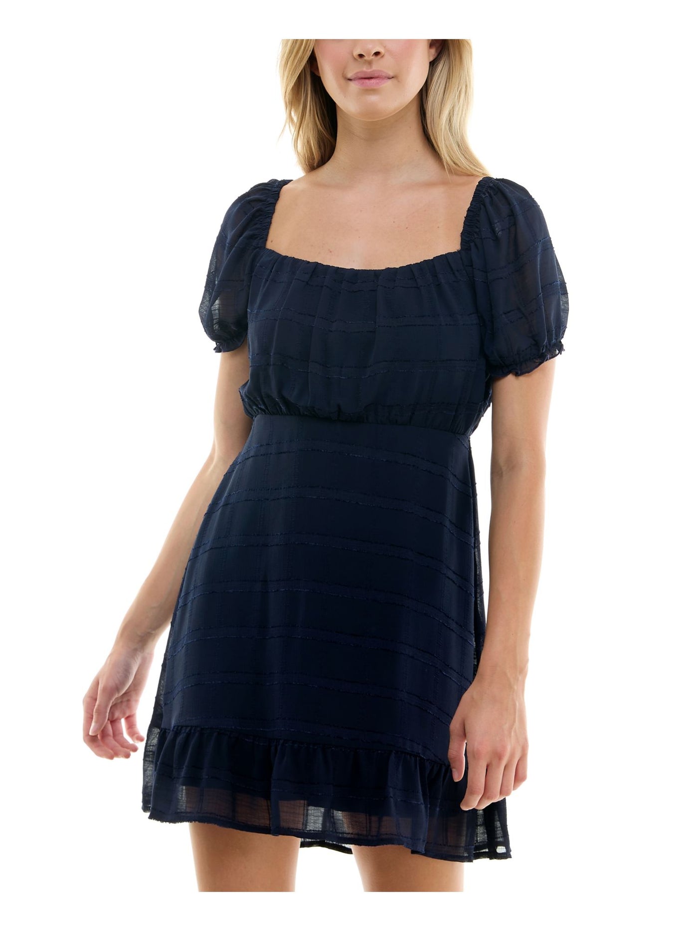 SPEECHLESS Womens Navy Lined Tie Back Flounce Hem Pouf Sleeve Square Neck Short Fit + Flare Dress XS