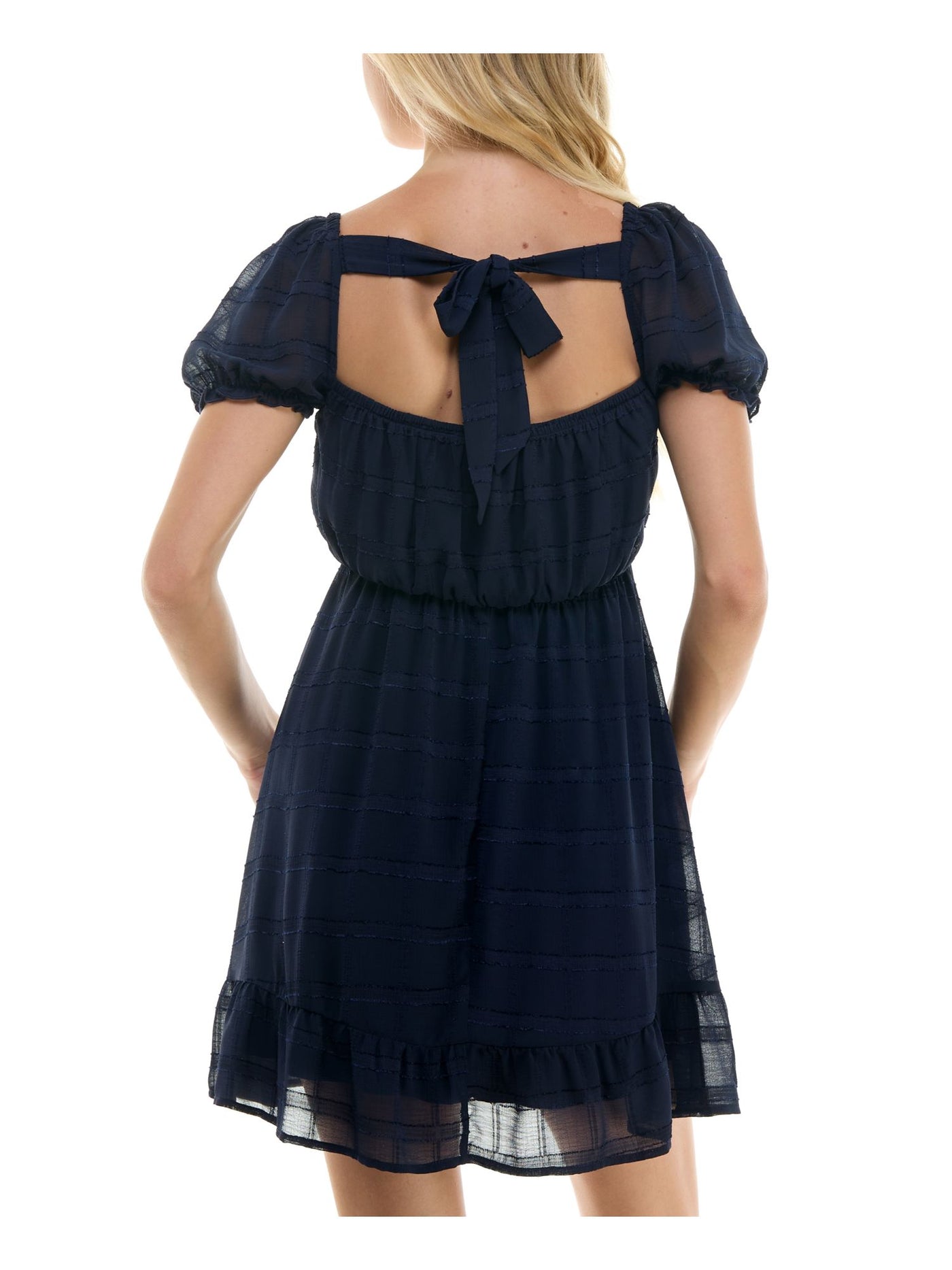 SPEECHLESS Womens Navy Lined Tie Back Flounce Hem Pouf Sleeve Square Neck Short Fit + Flare Dress XS