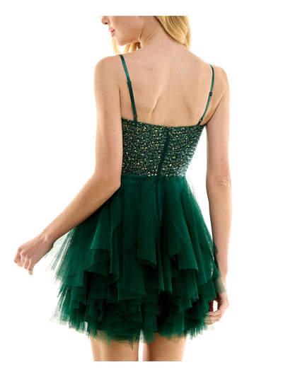 CITY STUDIO Womens Green Sequined Zippered Layered Tulle Skirt Lined Spaghetti Strap Sweetheart Neckline Mini Party Fit + Flare Dress 1\2