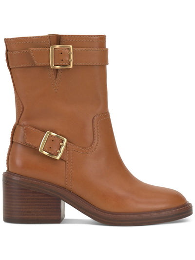 VINCE CAMUTO Womens Brown Lug Sole Padded Goring Buckle Accent Vergila Round Toe Block Heel Zip-Up Leather Moto 9 M