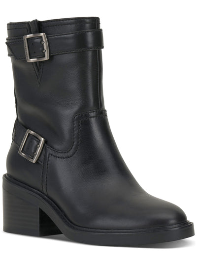 VINCE CAMUTO Womens Black Lug Sole Goring Buckle Accent Vergila Almond Toe Block Heel Zip-Up Leather Moto 10 M