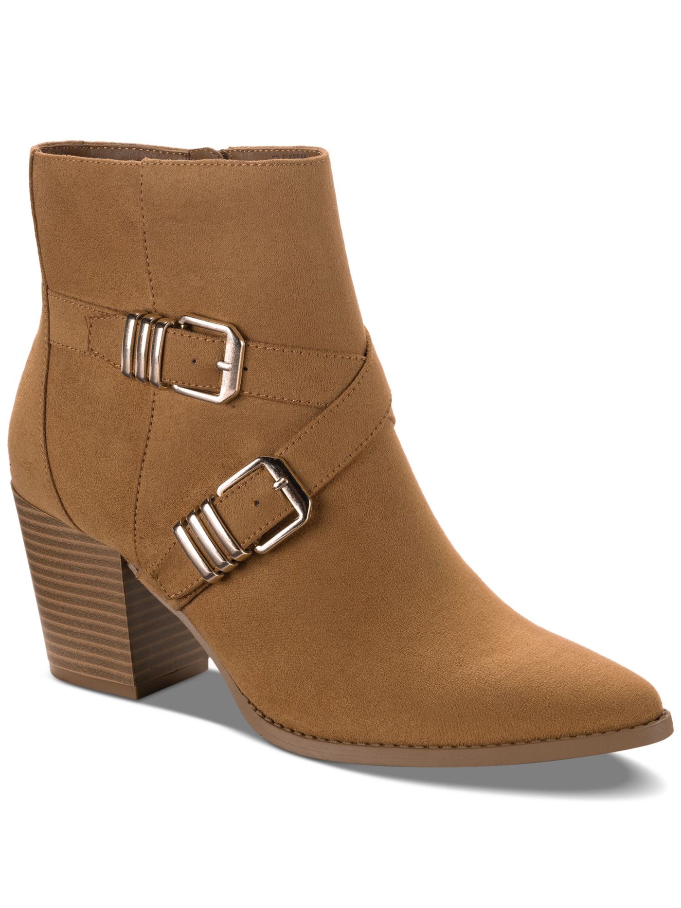 SUN STONE Womens Beige Buckle Accent Cushioned Elyssaa Pointed Toe Stacked Heel Zip-Up Booties 9.5 M
