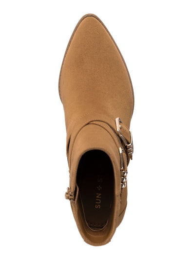 SUN STONE Womens Beige Buckle Accent Cushioned Elyssaa Pointed Toe Stacked Heel Zip-Up Booties 9.5 M