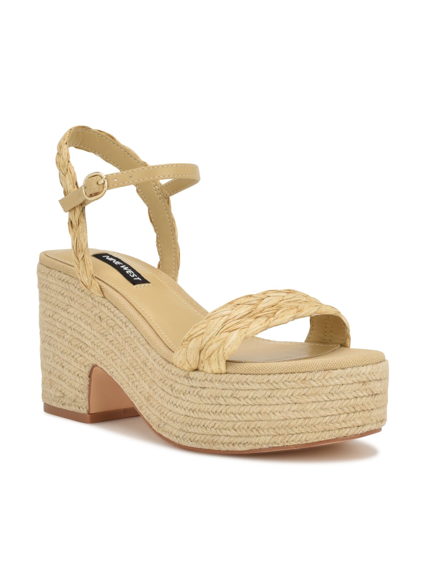 NINE WEST Womens Beige Mixed Media 2" Platform Woven Padded Rivva Open Toe Block Heel Buckle Espadrille Shoes 9.5 M