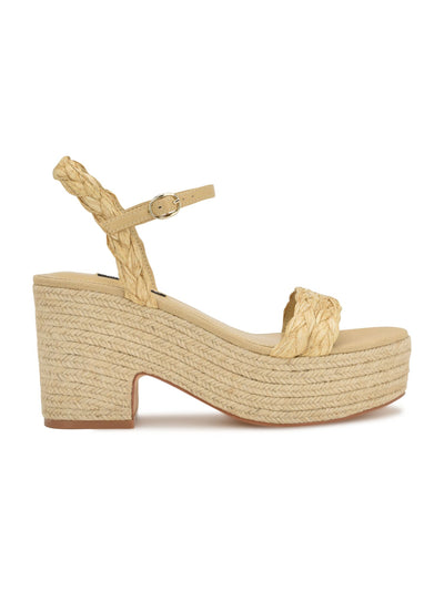 NINE WEST Womens Beige Mixed Media 2" Platform Woven Padded Rivva Open Toe Block Heel Buckle Espadrille Shoes 9.5 M